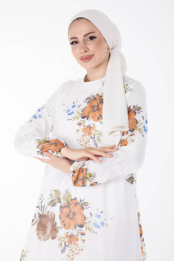 Çicek Desenli Elbise Kiremit - 25448 - 2