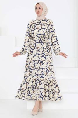 Çiçek Desenli Elbise Lacivert - 27190 - 1
