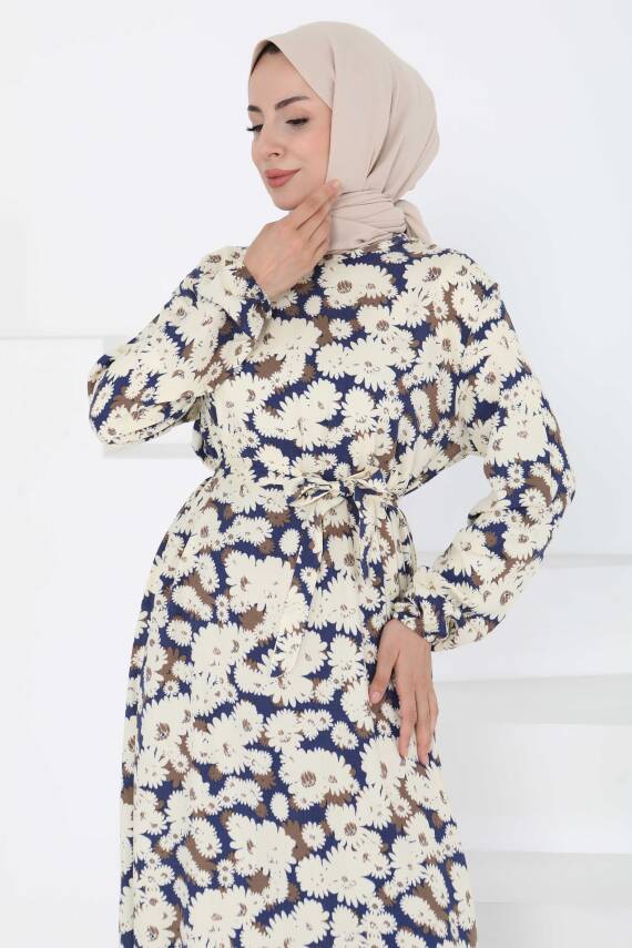 Çiçek Desenli Elbise Lacivert - 27190 - 2