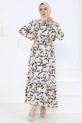 Çiçek Desenli Elbise Lacivert - 27190 - 3