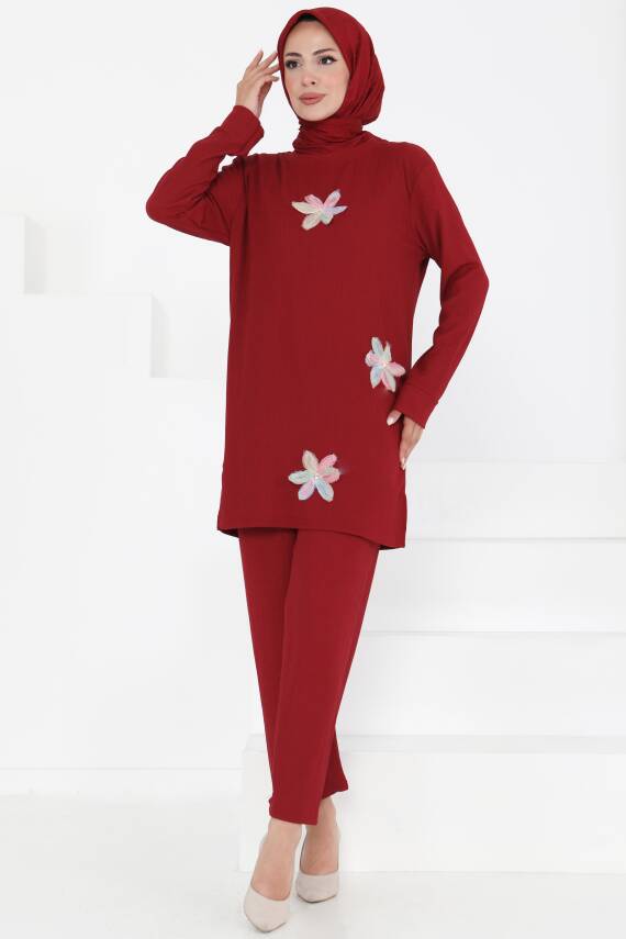 Çiçek Detaylı İkili Takım Bordo - 27371 - 1