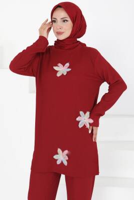 Çiçek Detaylı İkili Takım Bordo - 27371 - 2