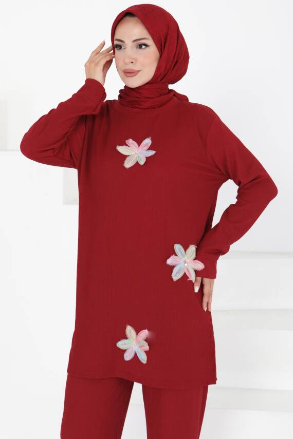 Çiçek Detaylı İkili Takım Bordo - 27371 - 2