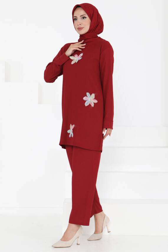 Çiçek Detaylı İkili Takım Bordo - 27371 - 3