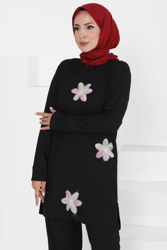 Çiçek Detaylı İkili Takım Siyah - 27371 - 2