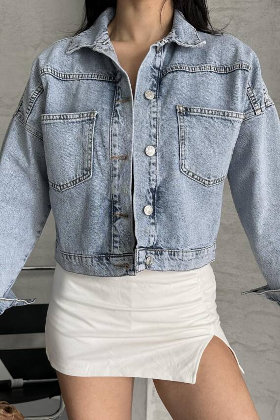 Çift Cepli Demin Crop Ceket Buz Mavi - 27271 - 1