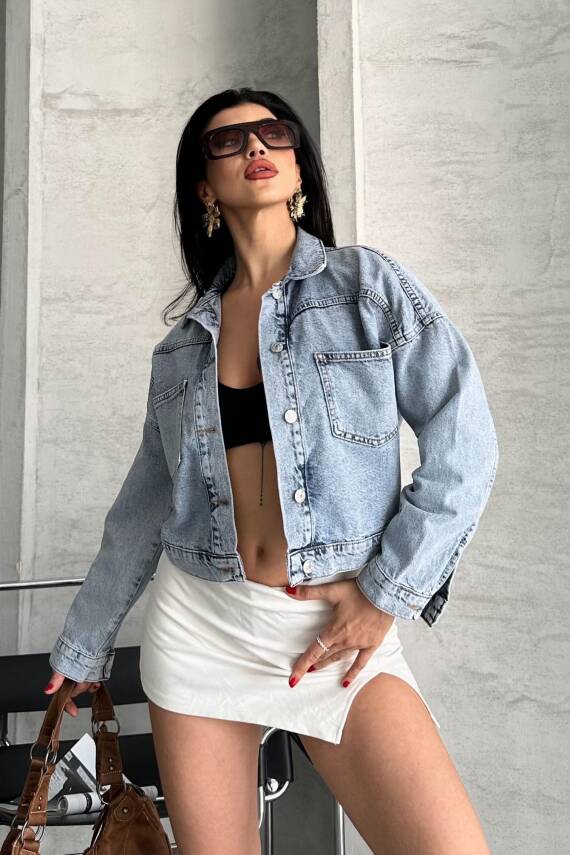 Çift Cepli Demin Crop Ceket Buz Mavi - 27271 - 2