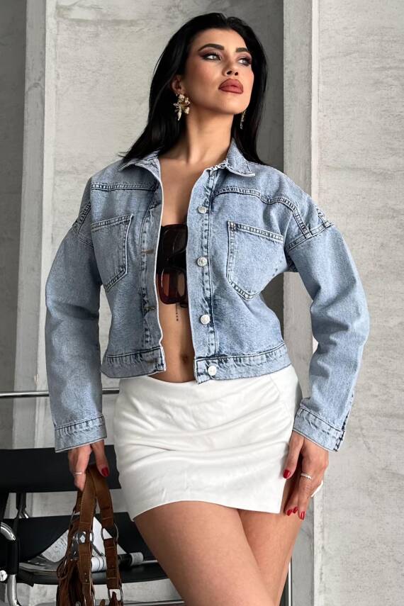 Çift Cepli Demin Crop Ceket Buz Mavi - 27271 - 3