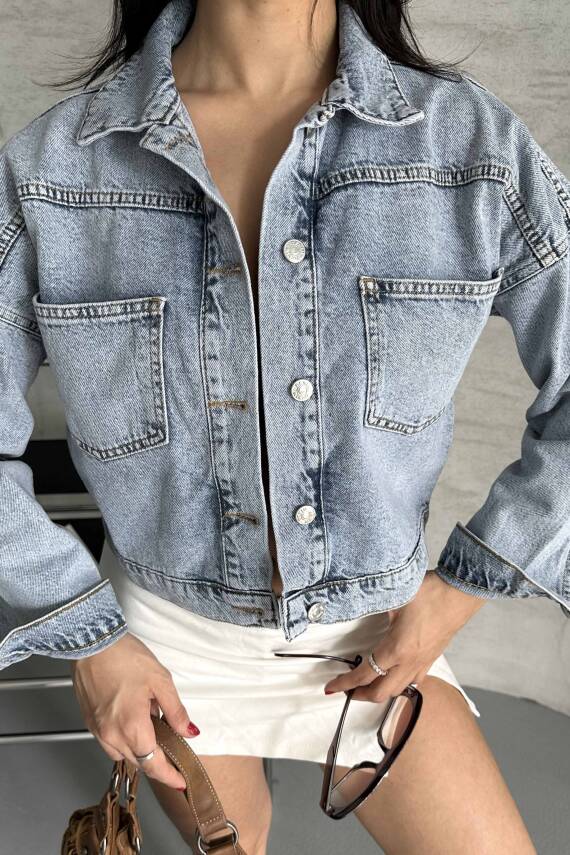 Çift Cepli Demin Crop Ceket Buz Mavi - 27271 - 4