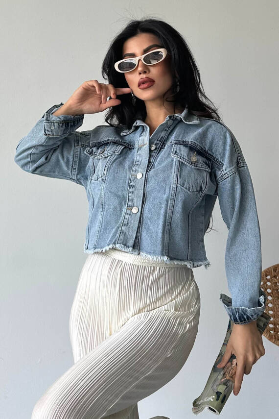 Çift Cepli Demin Crop Ceket Buz Mavi - 27299 - 1