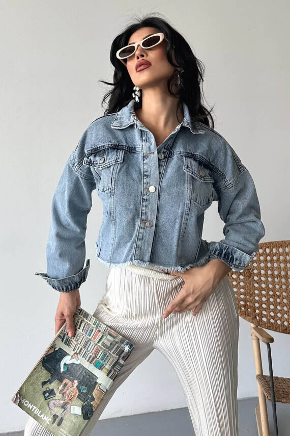 Çift Cepli Demin Crop Ceket Buz Mavi - 27299 - 3