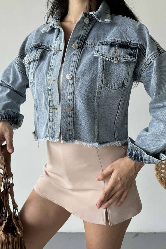 Çift Cepli Demin Crop Ceket Buz Mavi - 27299 - 4