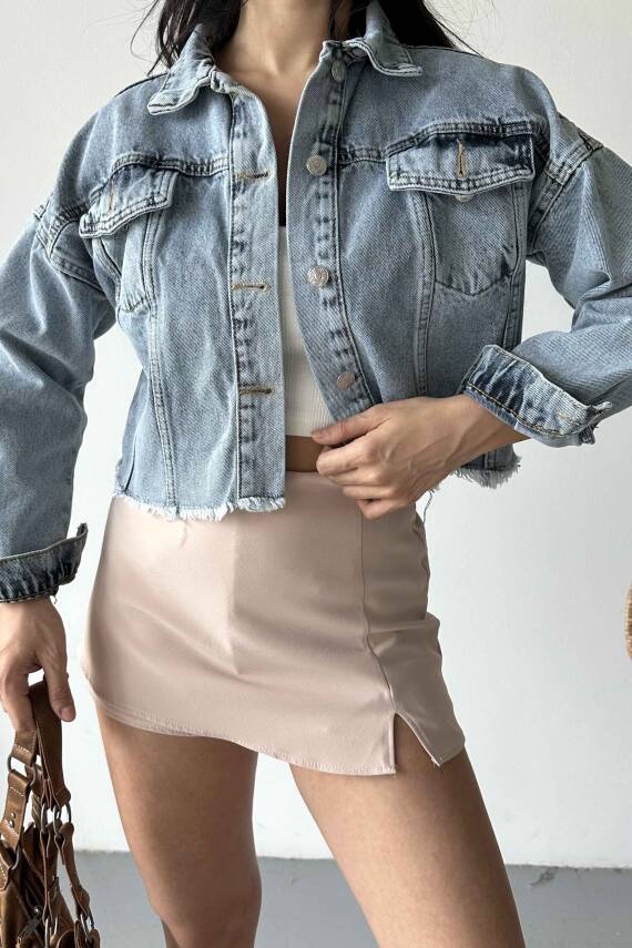 Çift Cepli Demin Crop Ceket Buz Mavi - 27299 - 5