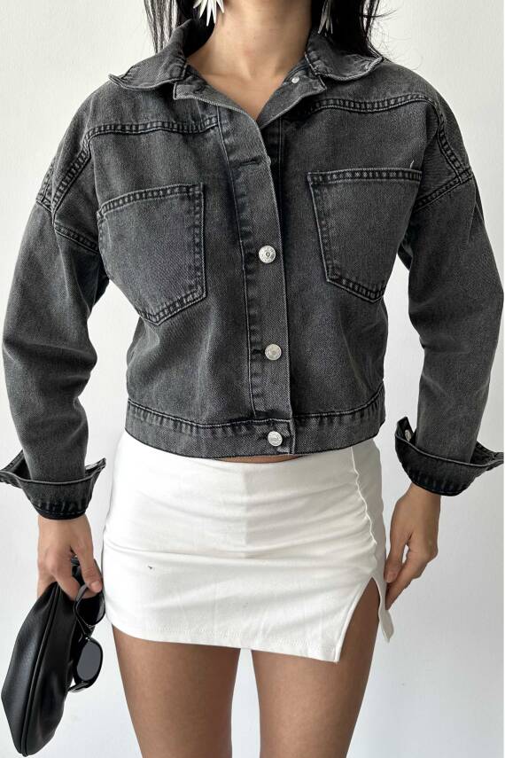 Çift Cepli Demin Crop Ceket Füme - 27271 - 2