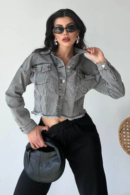 Çift Cepli Demin Crop Ceket Füme - 27299 