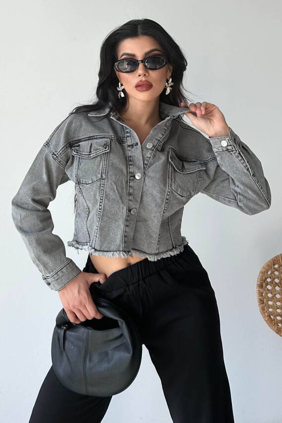 Çift Cepli Demin Crop Ceket Füme - 27299 - 1
