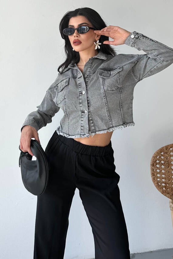 Çift Cepli Demin Crop Ceket Füme - 27299 - 2