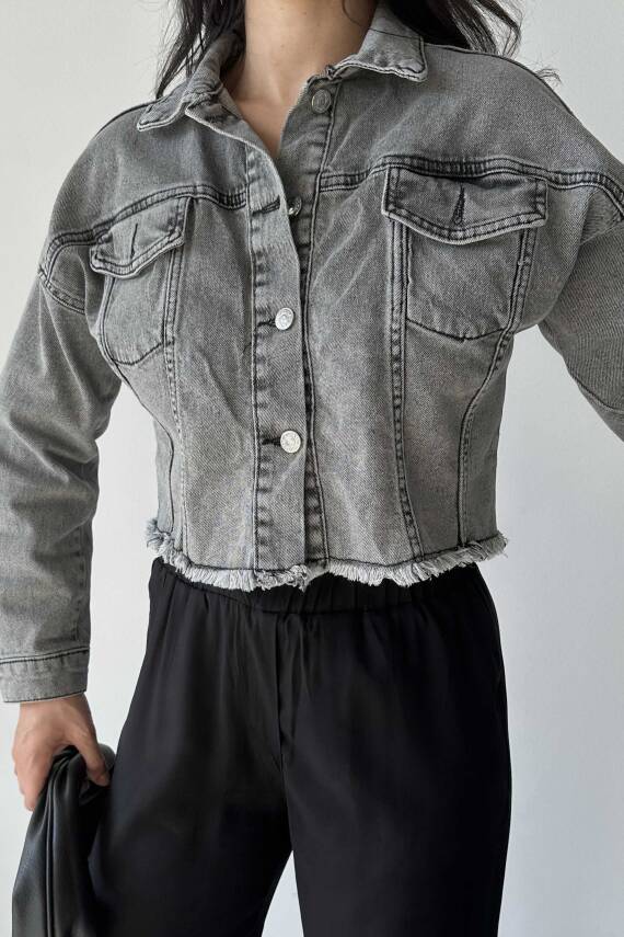 Çift Cepli Demin Crop Ceket Füme - 27299 - 3