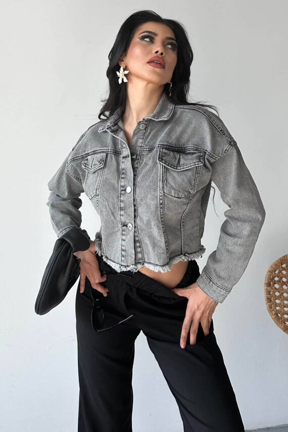 Çift Cepli Demin Crop Ceket Füme - 27299 - 4