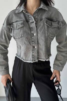 Çift Cepli Demin Crop Ceket Füme - 27299 - 5
