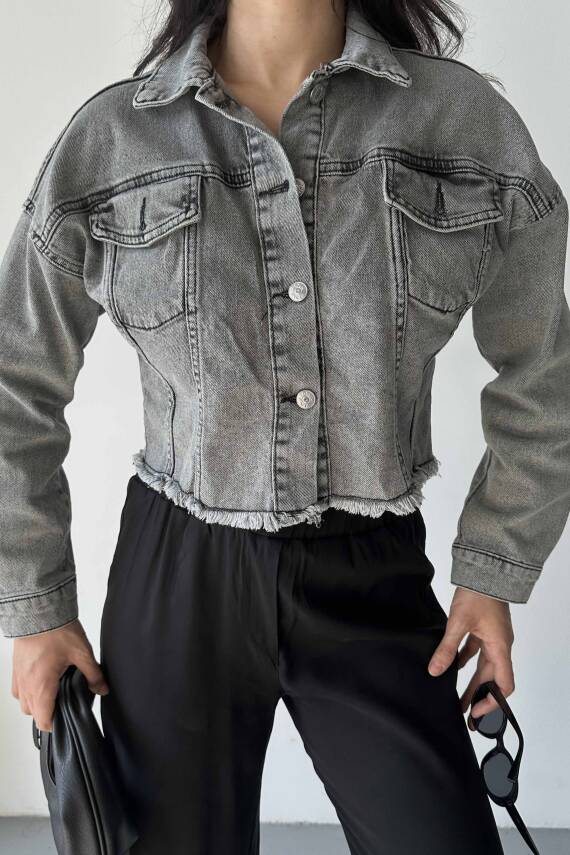 Çift Cepli Demin Crop Ceket Füme - 27299 - 5
