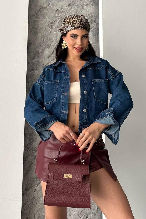 Çift Cepli Demin Crop Ceket Koyu Mavi - 27271 - 1