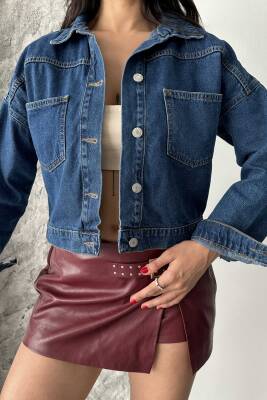 Çift Cepli Demin Crop Ceket Koyu Mavi - 27271 - 2