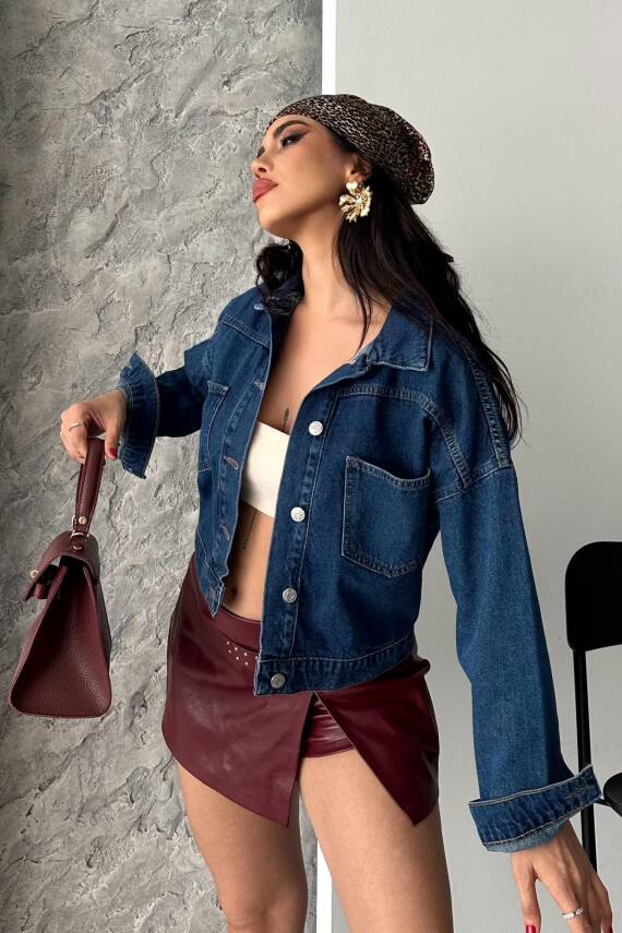 Çift Cepli Demin Crop Ceket Koyu Mavi - 27271 - 3