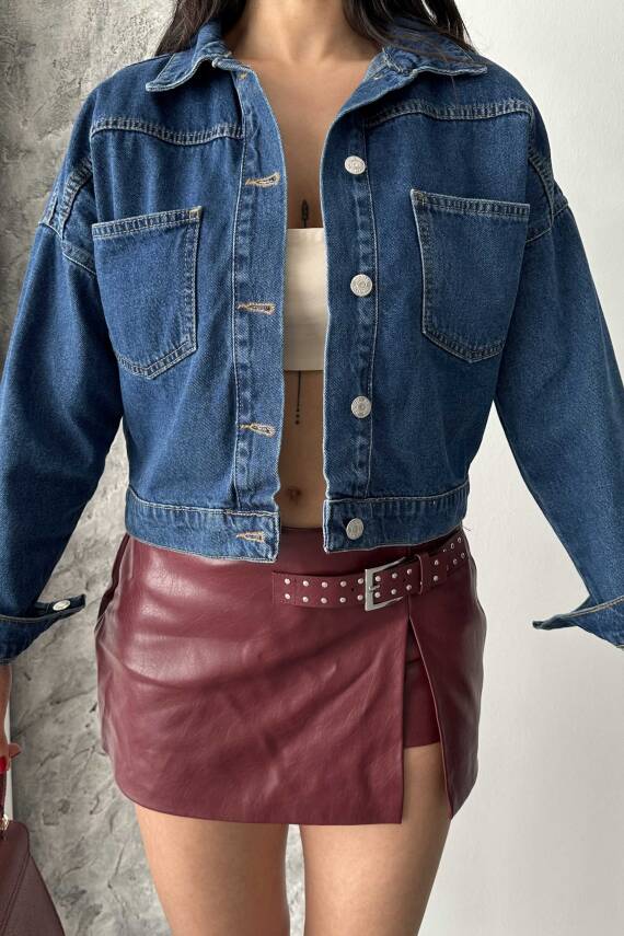 Çift Cepli Demin Crop Ceket Koyu Mavi - 27271 - 4
