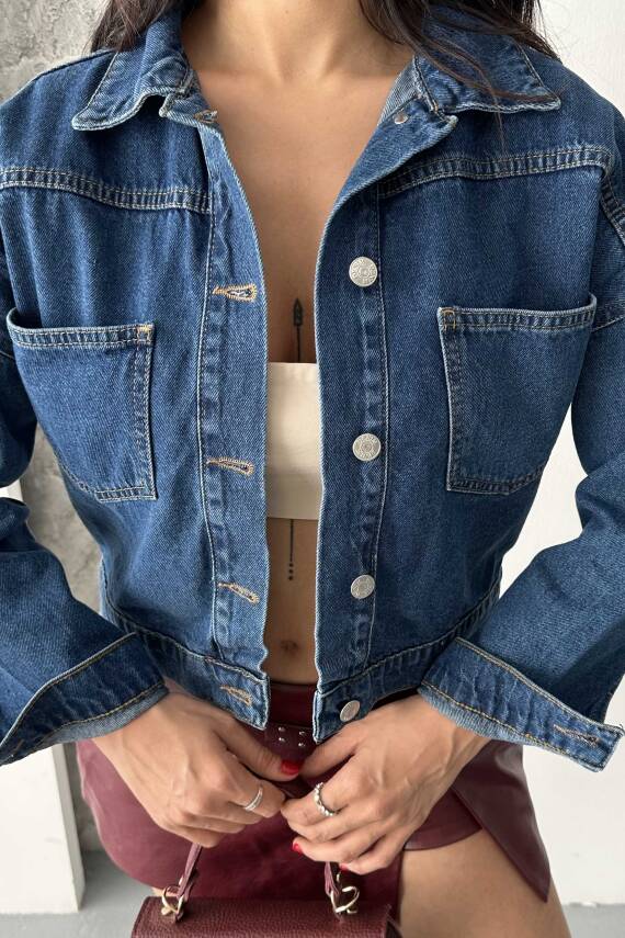 Çift Cepli Demin Crop Ceket Koyu Mavi - 27271 - 5