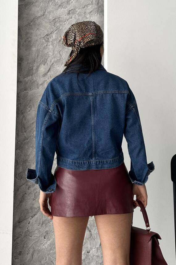 Çift Cepli Demin Crop Ceket Koyu Mavi - 27271 - 6