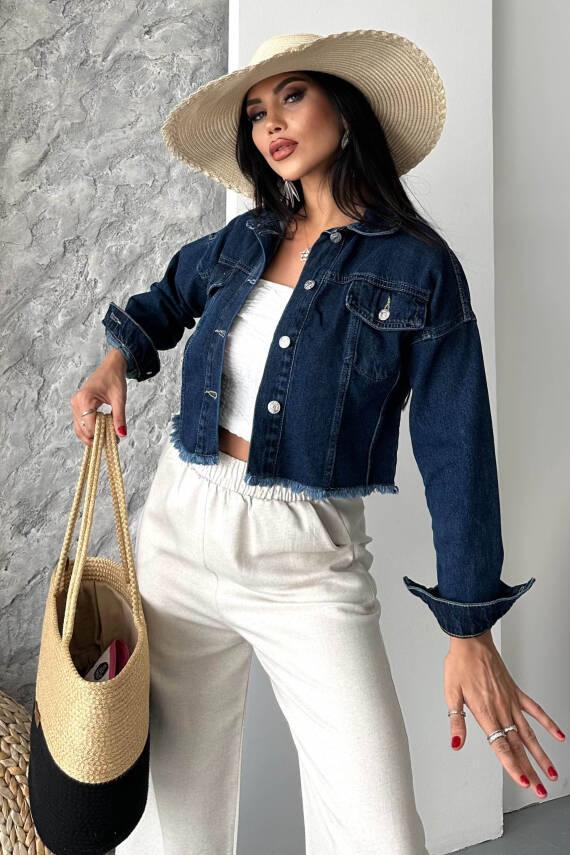 Çift Cepli Demin Crop Ceket Koyu Mavi - 27299 - 1