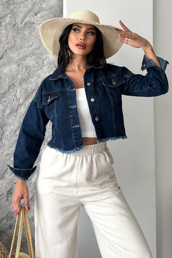 Çift Cepli Demin Crop Ceket Koyu Mavi - 27299 - 2