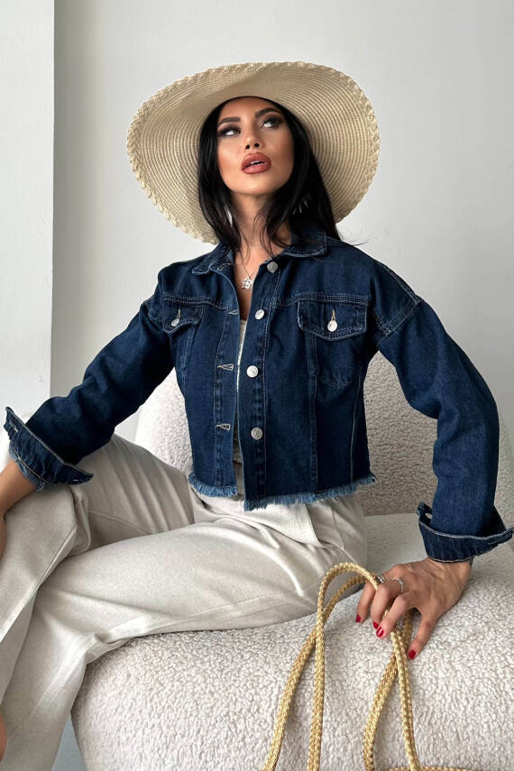 Çift Cepli Demin Crop Ceket Koyu Mavi - 27299 - 3