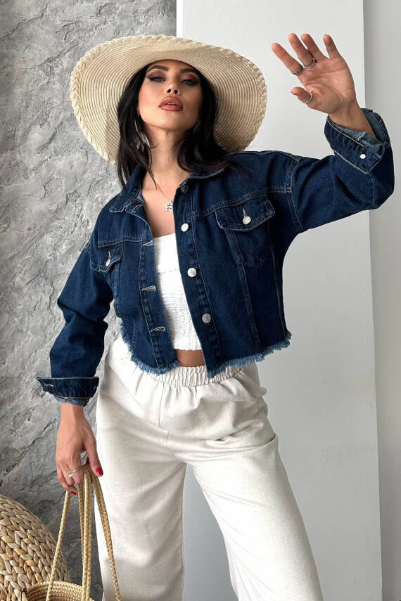 Çift Cepli Demin Crop Ceket Koyu Mavi - 27299 - 4