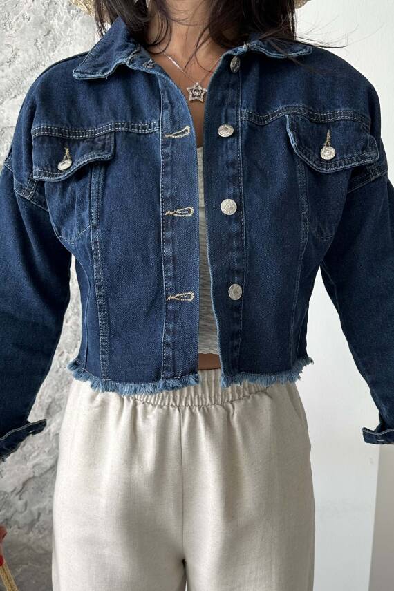 Çift Cepli Demin Crop Ceket Koyu Mavi - 27299 - 5