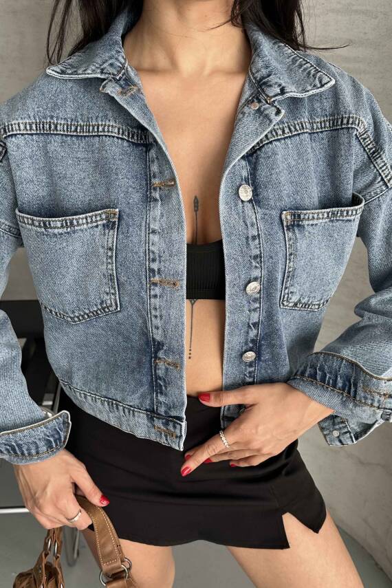 Çift Cepli Demin Crop Ceket Mavi - 27271 - 4
