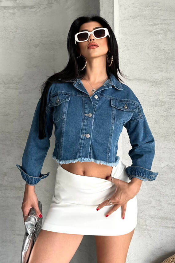 Çift Cepli Demin Crop Ceket Mavi - 27299 - 1