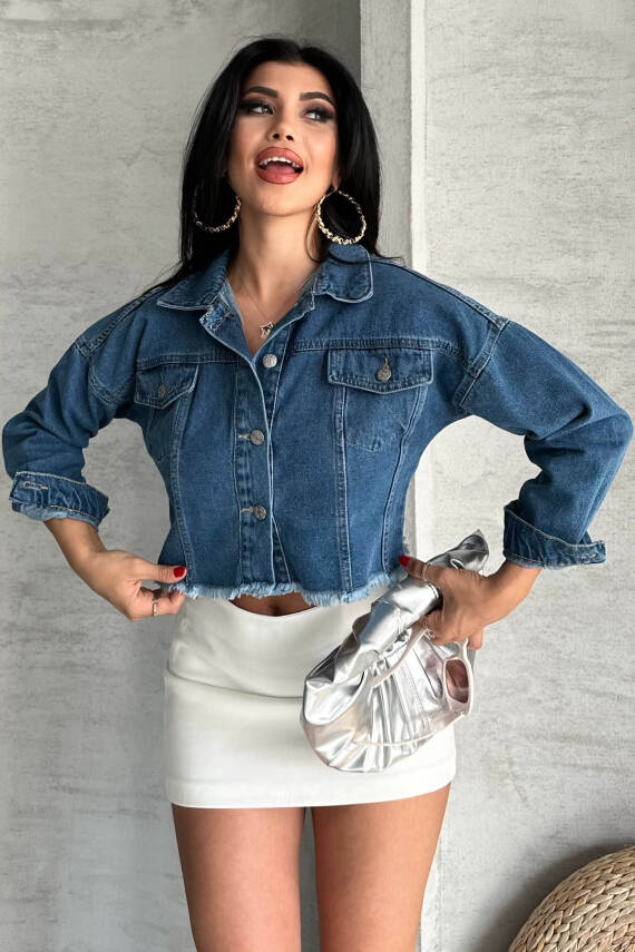 Çift Cepli Demin Crop Ceket Mavi - 27299 - 2