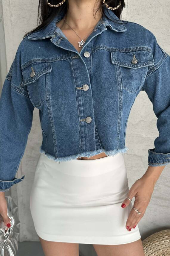Çift Cepli Demin Crop Ceket Mavi - 27299 - 3
