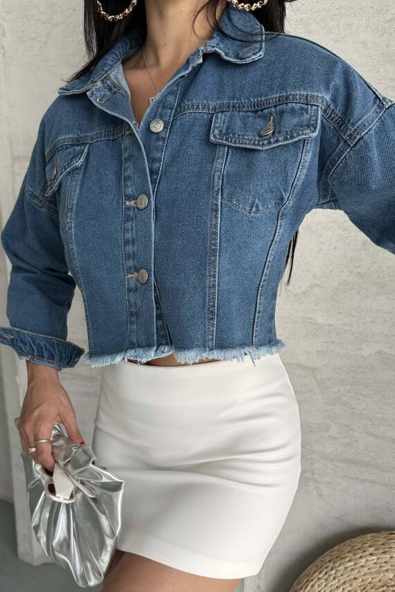 Çift Cepli Demin Crop Ceket Mavi - 27299 - 5