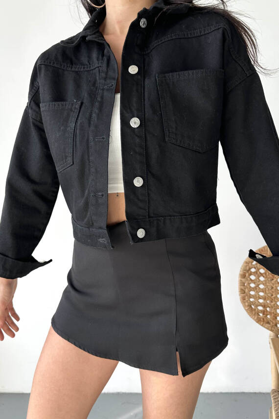 Çift Cepli Demin Crop Ceket Siyah - 27271 - 4