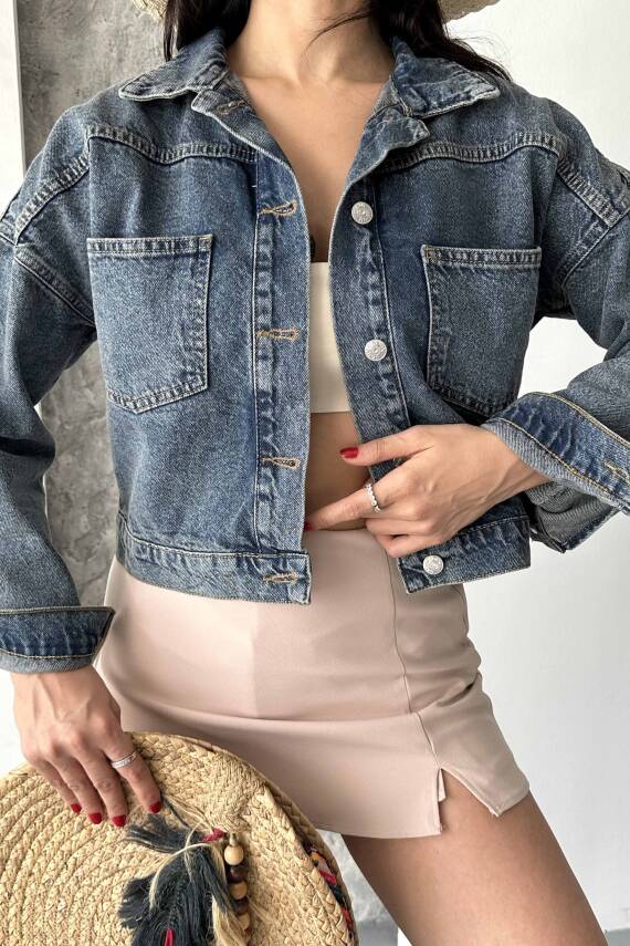 Çift Cepli Demin Crop Ceket Tint-kahve - 27271 - 3