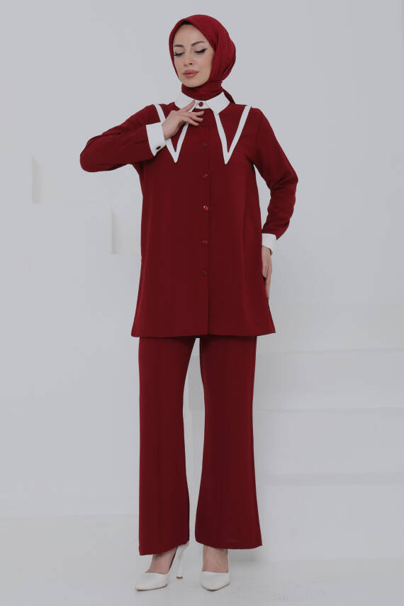 Çift Yakalı Linda Takım Bordo - 27020 - 2