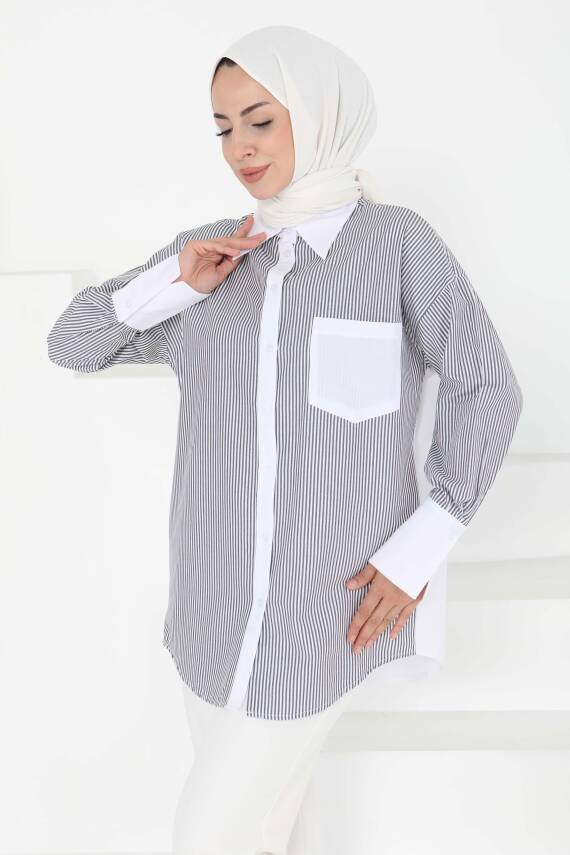 Çizgili Cep Detay Gömlek Gri - 27243 - 3