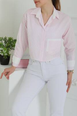 Çizgili Cepli Kısa Gömlek Pembe - 27083 - 6