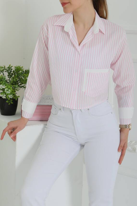 Çizgili Cepli Kısa Gömlek Pembe - 27083 - 6