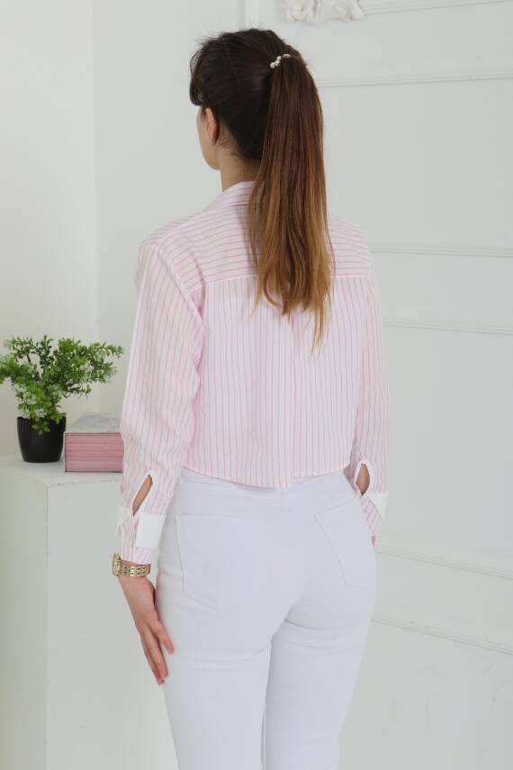 Çizgili Cepli Kısa Gömlek Pembe - 27083 - 7