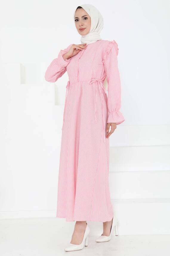 Çizgili Elbise Pembe - 27187 - 1