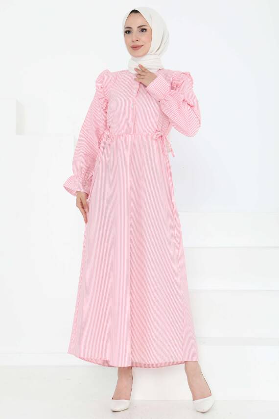 Çizgili Elbise Pembe - 27187 - 4